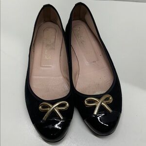 Pretty Ballerina Flats Slip On Ballet Shoes Cap Toe Leather Suede Bow Black 8